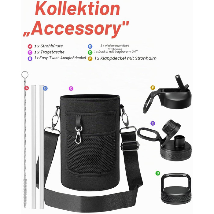 Термофляга Coolflask 2л зі сталі з трубою та 3 кришками, ізольована пляшка для води для спорту та офісу, герметична, червона