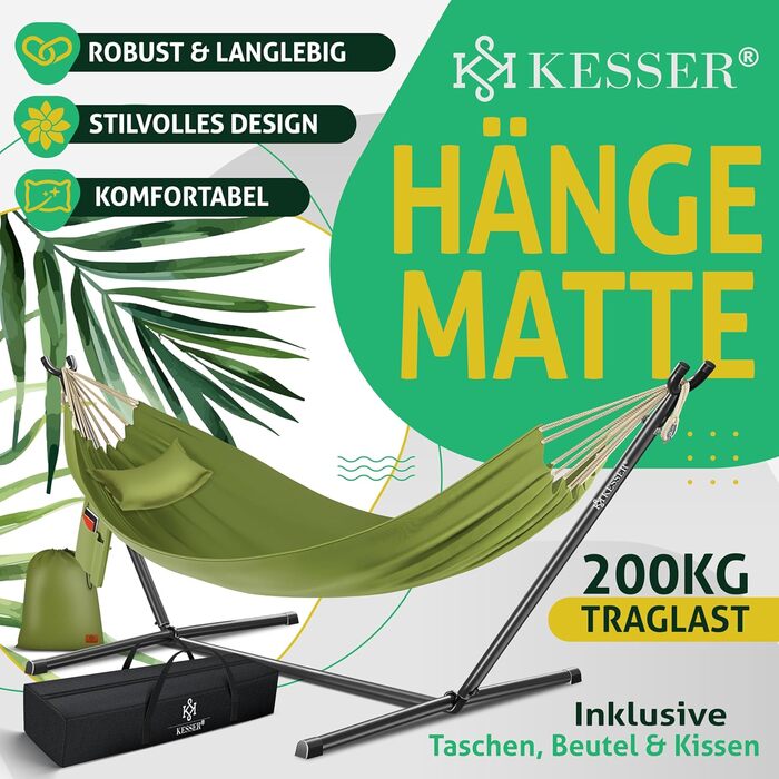 Гамак KESSER® Lake з каркасом для 2 осіб, 200 кг, для дому та саду, XXL, з подушкою, бежевий