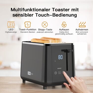 Тостер aeco toastlab Elite 2-слотовий з підставкою для булочок, 6 рівнів підсмажування, 10 програм, 850 Вт, LCD-дисплей, функція підйому, розморожування, піддон для крихт (LED-Touch)