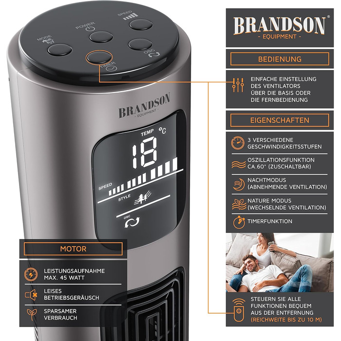 Турмовентилятор Brandson з пультом, 96 см, 3 швидкості, осциляція 60°, мобільний підлоговий вентилятор, титановий сірий, преміум якість, переможець 2025 року