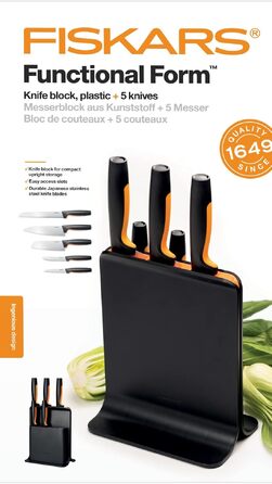 Набір кухонних ножів Fiskars Functional Form з підставкою (5 ножів), чорний пластик