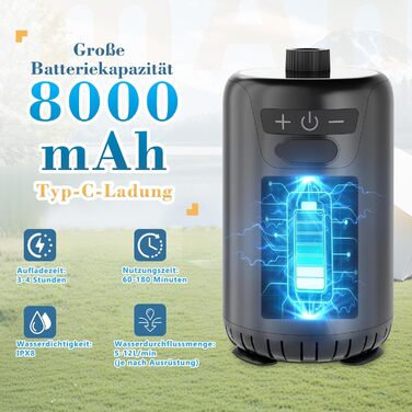 Портативний душ для кемпінгу з акумулятором 8000mAh, насосом та відром, фільтруючою лійкою та 10 режимами обприскування для подорожей, саду, миття авто та тварин