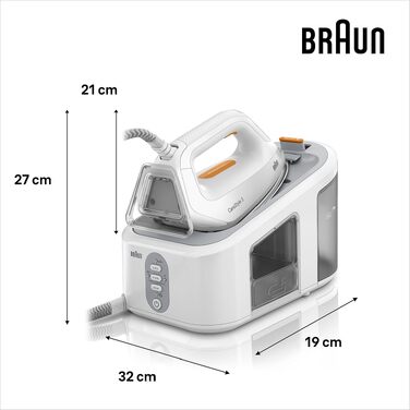 Парова станція Braun CareStyle 3 IS 3132 WH з підошвою FreeGlide 3D, тиск 6 бар, резервуар 2 л, 2400 Вт, білий/помаранчевий