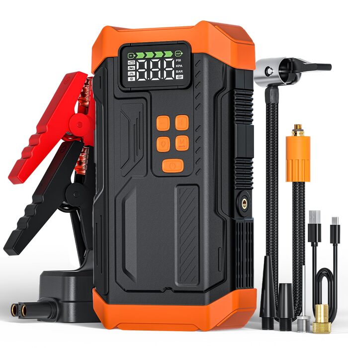 Пусковий пристрій (бустер) Povasee Starthilfe Powerbank 5000A для автомобіля (бензин/дизель до 10л), 12V з LCD-дисплеєм, USB-портами та LED-ліхтарем, помаранчевий