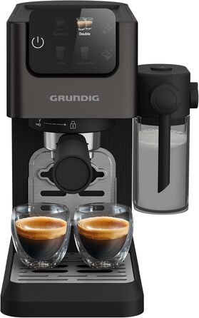 Еспресо-кавоварка GRUNDIG KSM 5330 з молочним контейнером, 1628 Вт, 15 бар, двійна насадка, сенсорний дисплей, BrewSense, CreamyPro, нержавіюча сталь/чорна