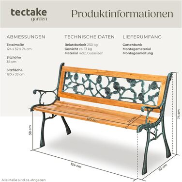 Гарна лавка для саду Tectake на 2 місця, з дерева, у стилі кантрі, для тераси, балкона або саду. Розміри: 119,5 x 62 x 83 см (модель 'Michaela')