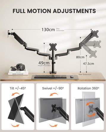 Тримач для моніторів ErGear на 3 монітори (13-27 дюймів), VESA 75/100, 2 USB, чорний