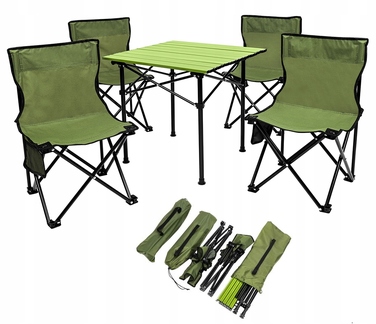 Туристичний набір 5в1: стіл (53x52x50 см) та 4 стільці, зелений, Enero Camp