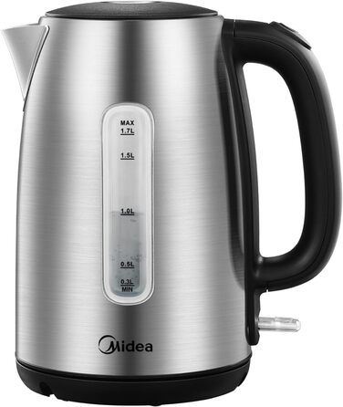 Електрочайник Midea MK-17S30A2 з нержавіючої сталі, 1.7 л, BPA-free, 2200 Вт, швидке кип’ятіння, ізольована ручка, індикатор рівня води, LED-підсвітка, захист від перегріву