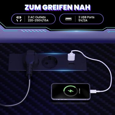 Ігровий стіл Youdenova L-подібний з LED, розеткою та USB, кутовий з полицею та перфорованою стінкою, 120x80 см, чорний карбон