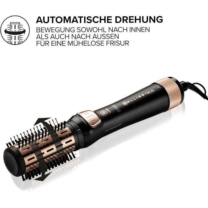 Фен-щітка Bellissima My Pro Revolution BHS4 1100, автоматична обертова, іонізація, кераміка, 1000 Вт, 2 насадки 40/50 мм, чорна/рожеве золото