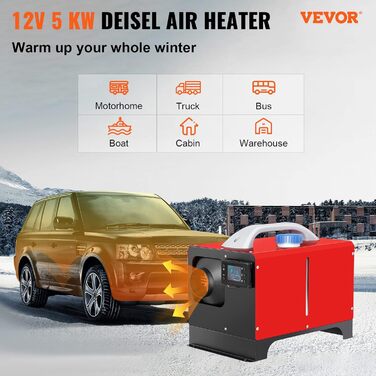 Електрична дизельна повітряна опалювальна установка VEVOR 12V 5kW з LCD-дисплеєм та пультом дистанційного керування Bluetooth