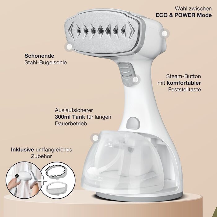 LEBENLANG Пароочищувач для одягу - 1500W, 300ml, з рукавичкою та насадками | Професійний пароочищувач для одягу | Білий