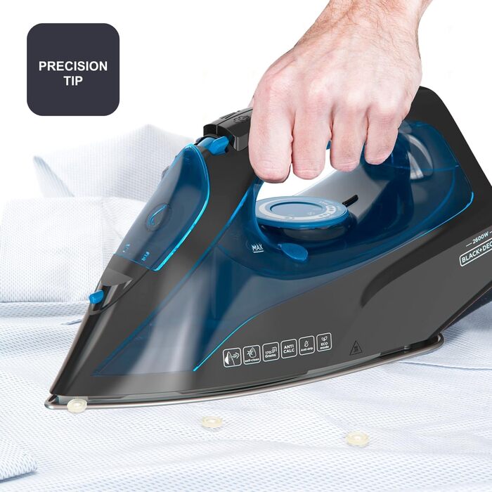 Праска з парою BLACK+DECKER BXIR2605E | 2600W | Потужний паровий удар 170 г/хв | Безперервний струмінь пари 40 г/хв | Нержавіюча сталь, захист від накипу, самоочищення | Ефективно видаляє віруси та бактерії