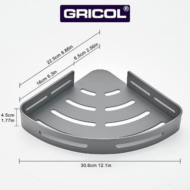 GRICOL Кутова полиця для душу без свердління, металева, з 4 гачками, двоярусна, сірого кольору, для ванної та кухні