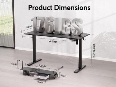 Електричний стіл WALKINGDESK із шухлядою та підставкою для монітора, регульований стіл для домашнього офісу 121,9x61 см, ергономічний стіл-трансформер з тримачем для телефону та 3 гачками