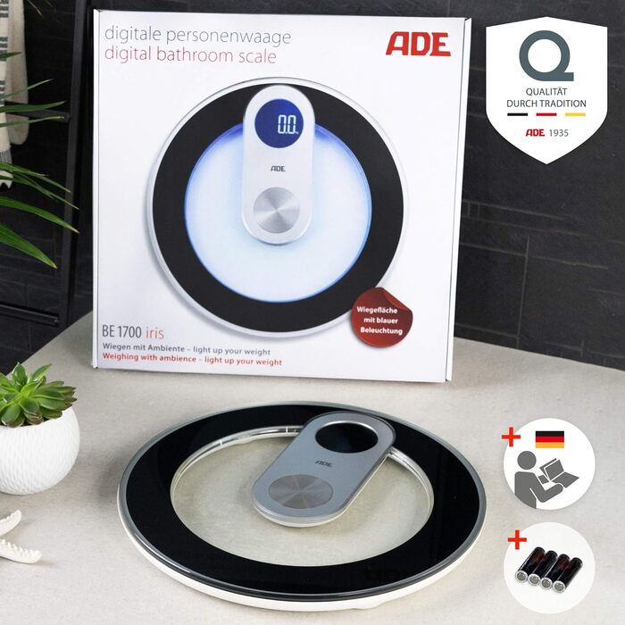 Цифрова скляна вага ADE з LED-підсвіткою, кругла, до 180 кг, синя LED, точна