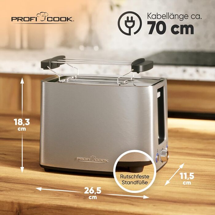 Тостер ProfiCook Edelstahl PC-TA 1279 сріблястий - 2 слоти, для бутербродів, вафель та булочок, з насадкою для булочок, нержавіюча сталь