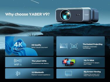 Портативний кінотеатр-проектор YABER Full HD 1080p (підтримка 4K), автофокус, корекція трапеції, WiFi 6, Bluetooth, екран до 300 дюймів для дому та вулиці