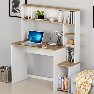 Комп'ютерний стіл HOMIDEA Olivia з полицями, сучасний дизайн, 114x45x139 см, білий