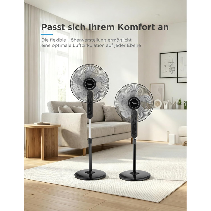 Вентилятор підлоговий Midea FS40-15FR з пультом, 3 режими, LED дисплей, таймер, регульована висота, чорний