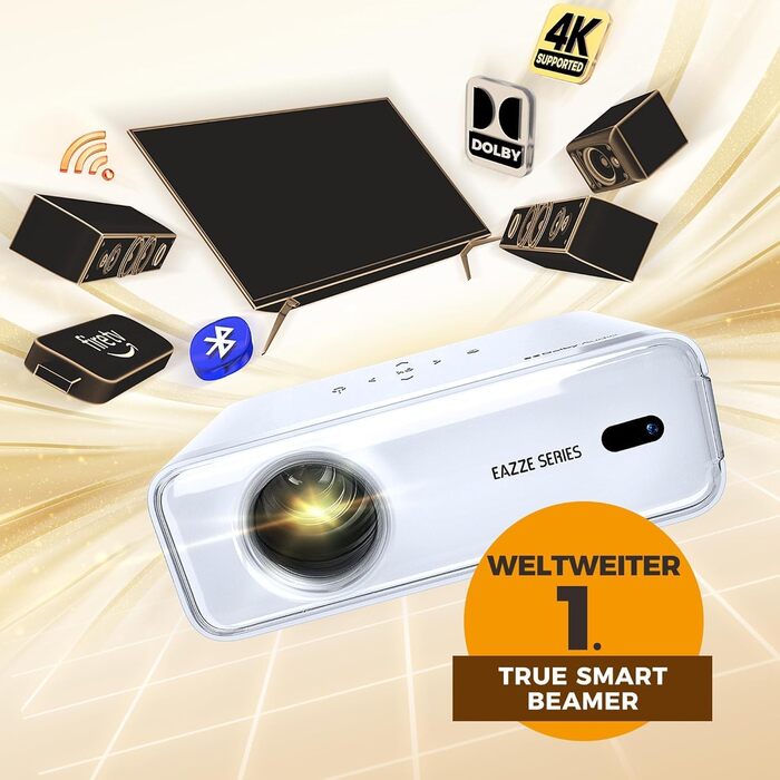 Aurzen Eazze D1 Smart Beamer: 4K проєктор для домашнього кіно з підтримкою 4K, Full HD 1080P, Netflix, Dolby Audio, автофокусом, корекцією трапеції, Wi-Fi, Bluetooth, білий