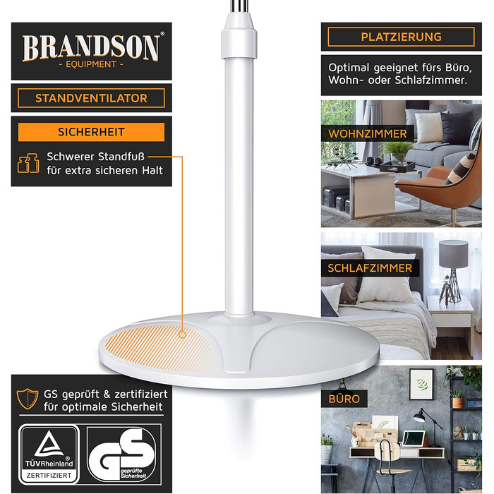 Вентилятор підлоговий Brandson 40 см, срібно-чорний, з пультом, 3 швидкості, коливання 80°, високий потік повітря