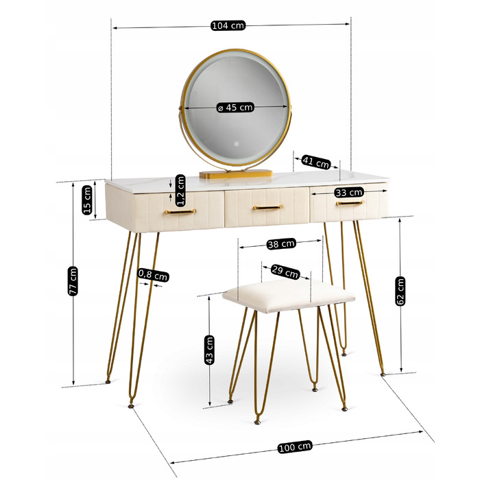 Туалетний столик Mebel Elite, колір крем, золотий хром, 104 x 77 x 41 см