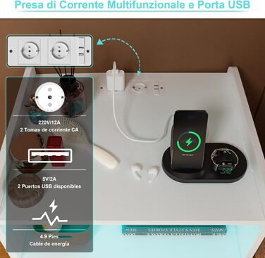 Світлодіодна приліжкова тумба Lvhecforhm з USB і розеткою, 2 шухляди, регульоване освітлення, біла, для спальні та вітальні