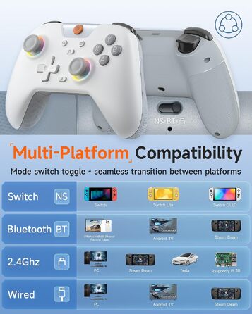 Ігровий бездротовий контролер EasySMX X05 для PC, Nintendo Switch, Steam та Android, RGB-підсвітка, Hall Effect стіки та тригери, Білий