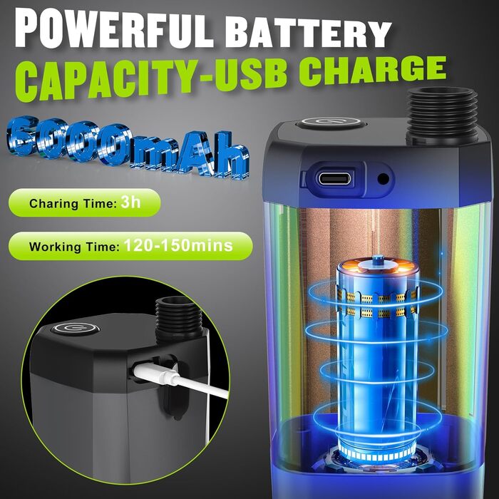 Портативний душ для кемпінгу Spopal 6000mAh з насосом і термометром, чорний, набір з душовою насадкою та 2-метровим шлангом для саду, авто, пляжу, домашніх тварин