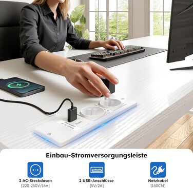 Ігровий стіл L-подібний з LED підсвіткою, 3 шухляди, USB-порт, розетка, тримач для монітора, 140x80 см, білий