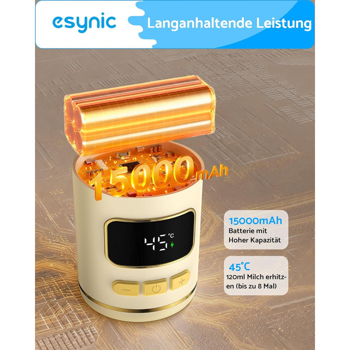 eSynic Підігрівач для пляшечок 450мл з акумулятором 15000mAh, портативний, швидкий нагрів (2-3 хв), для дитячого харчування та води, USB-C, BPA-free, з боросилікатного скла, для подорожей та нічного годування
