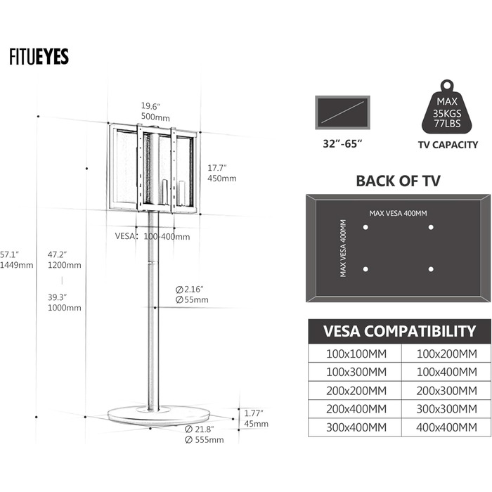 FITUEYES мобільна стійка для телевізора 32-65'' з коліщатками, регульована по висоті, мінімалістичний дизайн, для дому та офісу