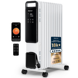 Розумний електричний масляний радіатор Pro Breeze 2500W, 11 секцій, керування через WLAN/App, з термостатом, таймером на 24г та сенсорним дисплеєм, білий