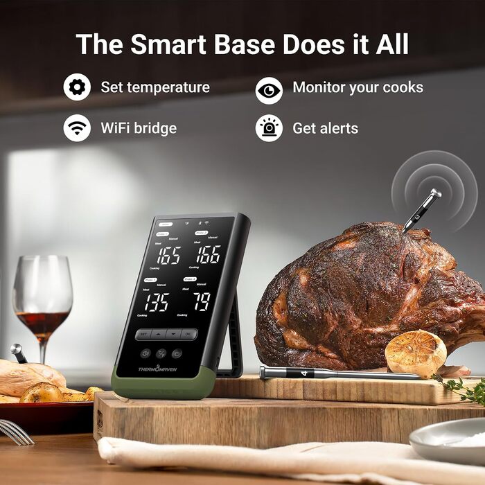 Розумний бездротовий термометр для м'яса ThermoMaven з базою, Bluetooth та Wi-Fi, 4 щупи, 6 сенсорів, NIST-сертифікований, для смокера, духовки та BBQ, колір: avocadogrün