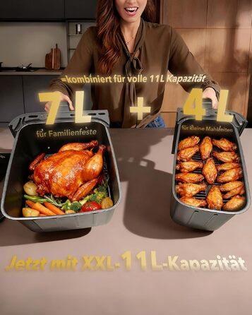 Аерофритюрниця WELLENT Dual Zone XXL 11л (6+6л), 2950W, з двома камерами, вікном перегляду та функцією Match & Sync