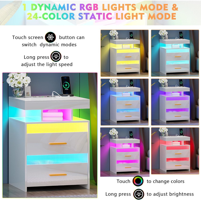 Нічний столик Lvifur з LED-підсвічуванням, сенсором руху та USB/Type-C зарядкою, 2 висувні ящики, бездротова зарядка, 3 кольори, регулювання яскравості, чорний колір