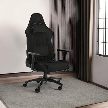Ігрове крісло Corsair TC100 Relaxed, текстильне, чорне, ергономічне, з подушкою для попереку та знімною подушкою для шиї з memory-піни, регульовані підлокітники, стиль автоспорту