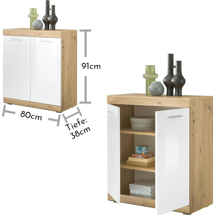 Комод Stella Trading NOLA, дуб артизан/білий глянець, сучасний, 80x91x38 см, 2 шухляди, багато місця для зберігання