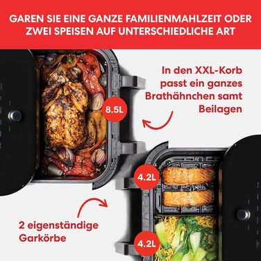 Мультифункціональна аерофритюрниця Instant VersaZone XXL 8,5 л з подвійною та одинарною камерою, цифровий аерофрайер з 8 режимами: фритюр, випікання, запікання, гриль, сушка, розігрів, нержавіюча сталь