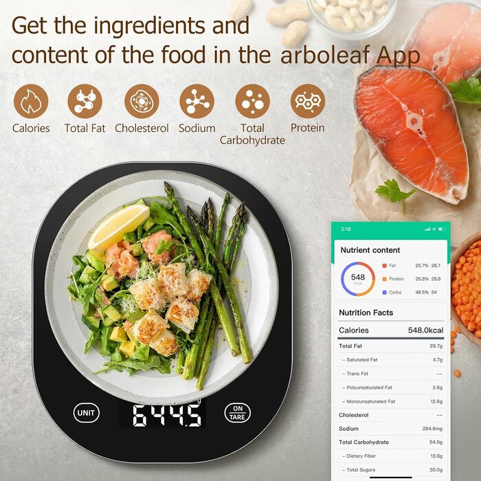 Цифрові кухонні ваги arboleaf 10 кг/0,5 г, чорні, Bluetooth з додатком, аналізом поживних речовин, тарою, LED-дисплеєм, з загартованого скла 3 мм