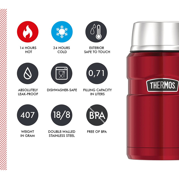 Термос для їжі Thermos Stainless King 710 мл, нержавіюча сталь, червоний, зберігає гаряче 14 годин, холодне 24 години, герметичний, для супу, мюслі, рагу, підходить для посудомийної машини