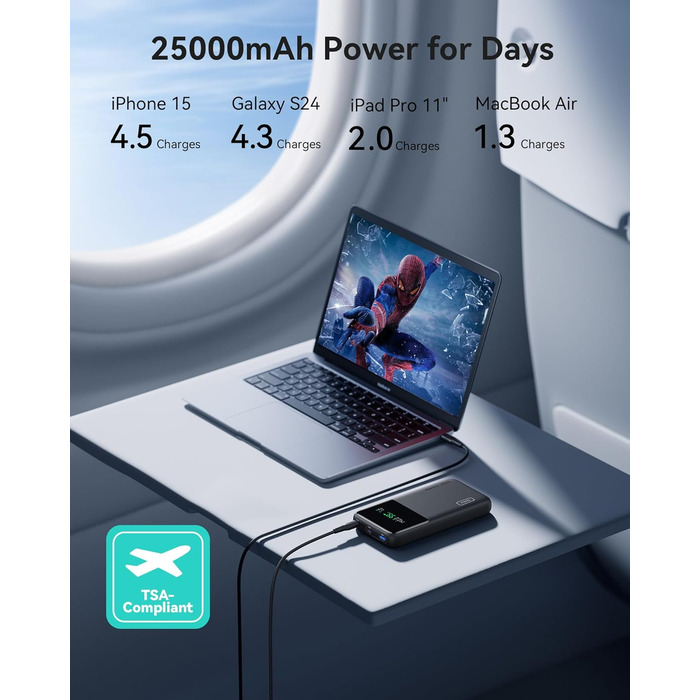 Power Bank INIU 140W, 25000mAh, USB-C, Швидка зарядка PD/QC, для ноутбука, iPhone, компактний, чорний