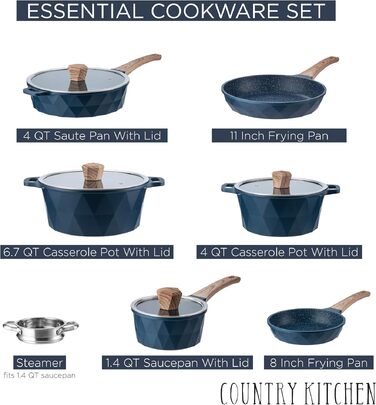 Набір посуду індукційного Country Kitchen Navy Diamond 13 предметів: каструлі та сковороди з антипригарним алюмінієвим покриттям, бакелітові ручки, скляні кришки (синій)