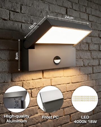 Світильник вуличний настінний EBION LED 18W з датчиком руху, поворотний на 90°, IP54 вологозахищений, алюміній, 4000K, антрацит