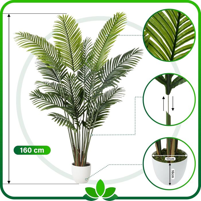 Велика штучна пальма PASCH Areca 160 см — реалістична декоративна рослина для інтер'єру, довговічна, імітація натуральної пальми