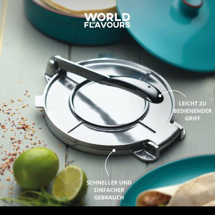 Прес для тортильї KitchenCraft World of Flavours, алюмінієвий, 20x20x9 см, сріблястий, у подарунковій коробці