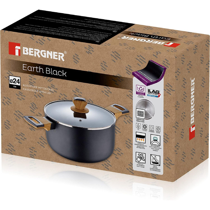 Каструля BERGNER Earth Black 24 см, алюмінієва з антипригарним покриттям, дерев'яна ручка, для індукції та всіх типів плит, з кришкою, чорна