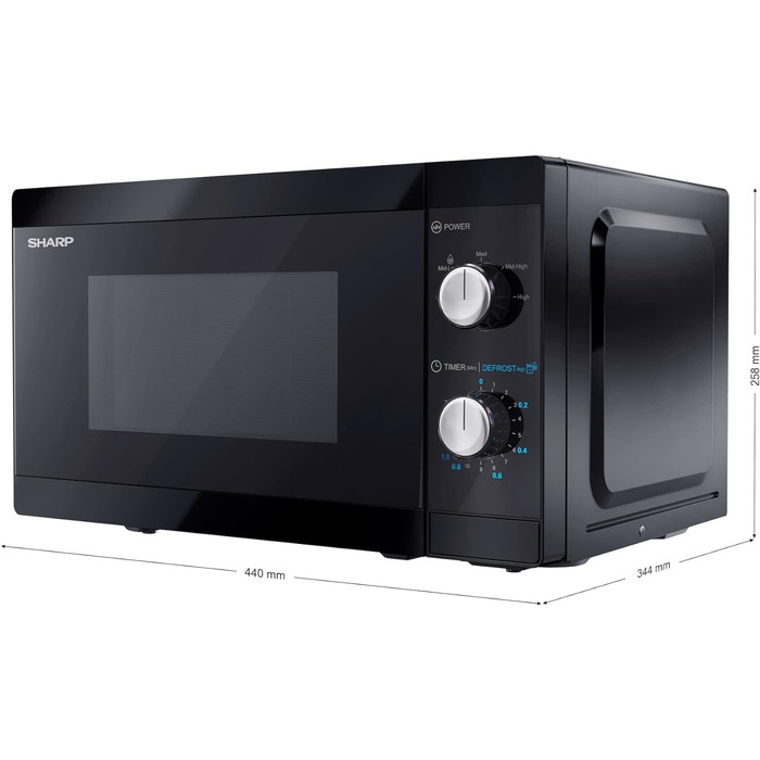 Мікрохвильова піч SHARP MS01EB, 800 Вт, 5 рівнів потужності, функція розморожування, 44x25,8x34,4 см, чорна